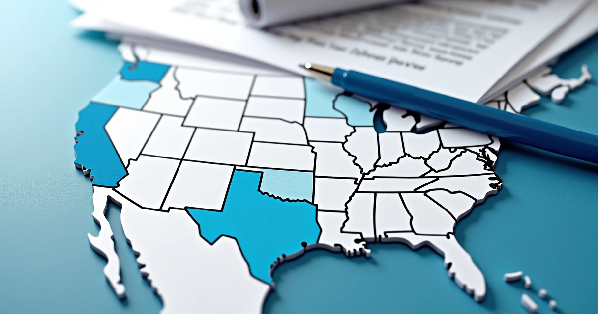 Map of United States with highlighted states and business documents