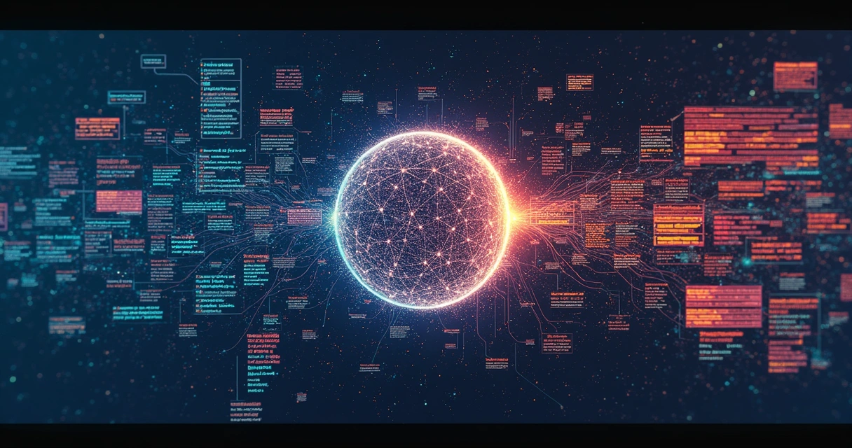 Illustration of LLM bias featuring multiple digital data sources, a model, and marketing symbols 