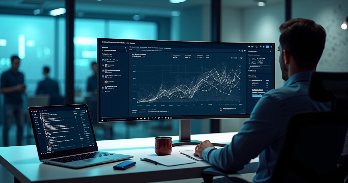 Analyst reviewing LLM citation analysis dashboard on large screen 