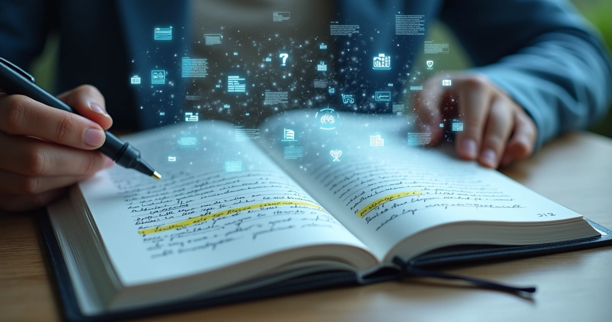 Open notebook with highlighted LLM citations and digital data overlay 