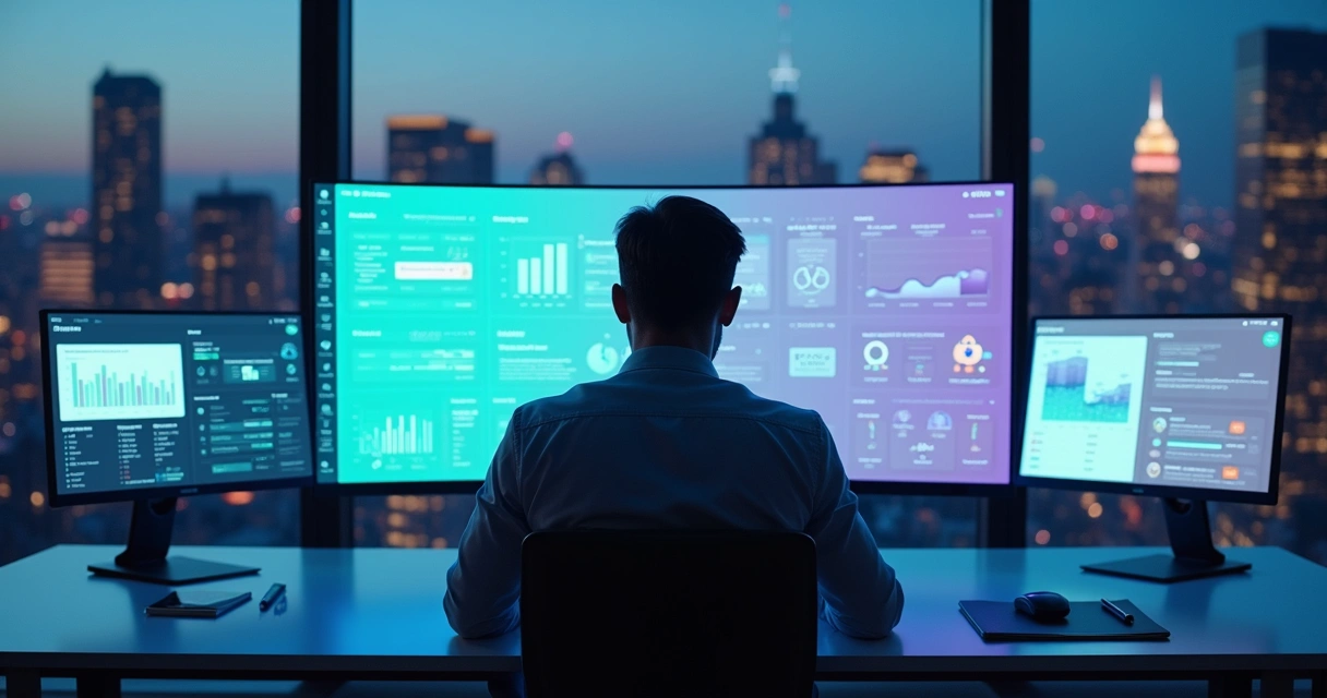 Business leader analyzing AI competitor mentions on split public and private screens 