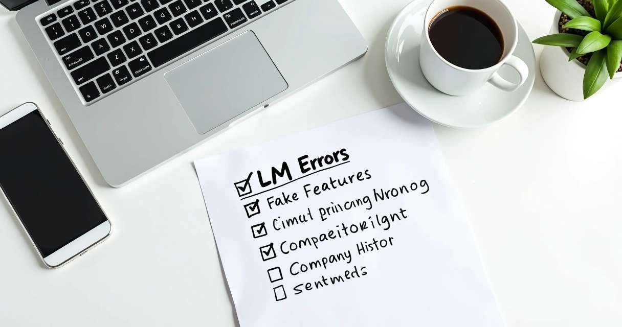 Checklist showing LLM false information types including features, pricing, competitor info, and company details.