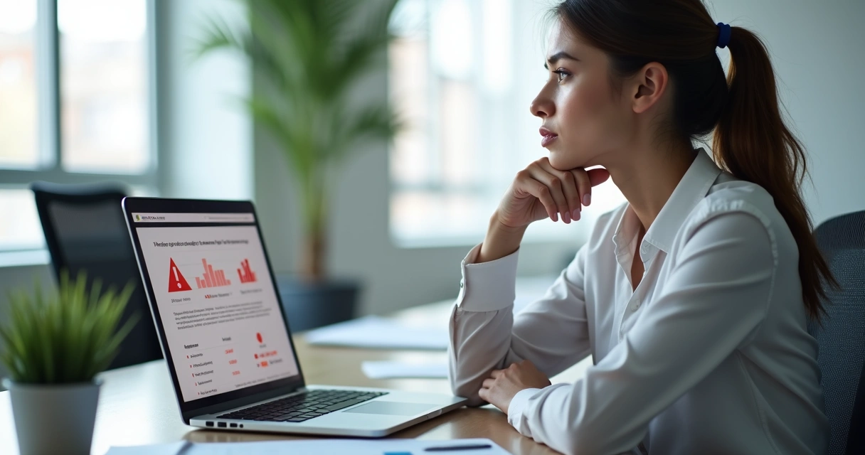 Frustrated businessperson reading a negative AI-generated report on a laptop