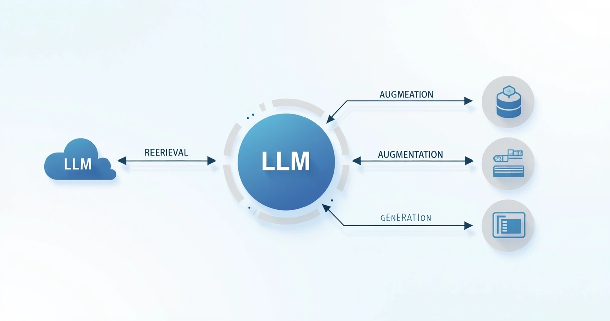 Diagrama simples mostrando LLM, etapas pipeline RAG e integração SaaS 