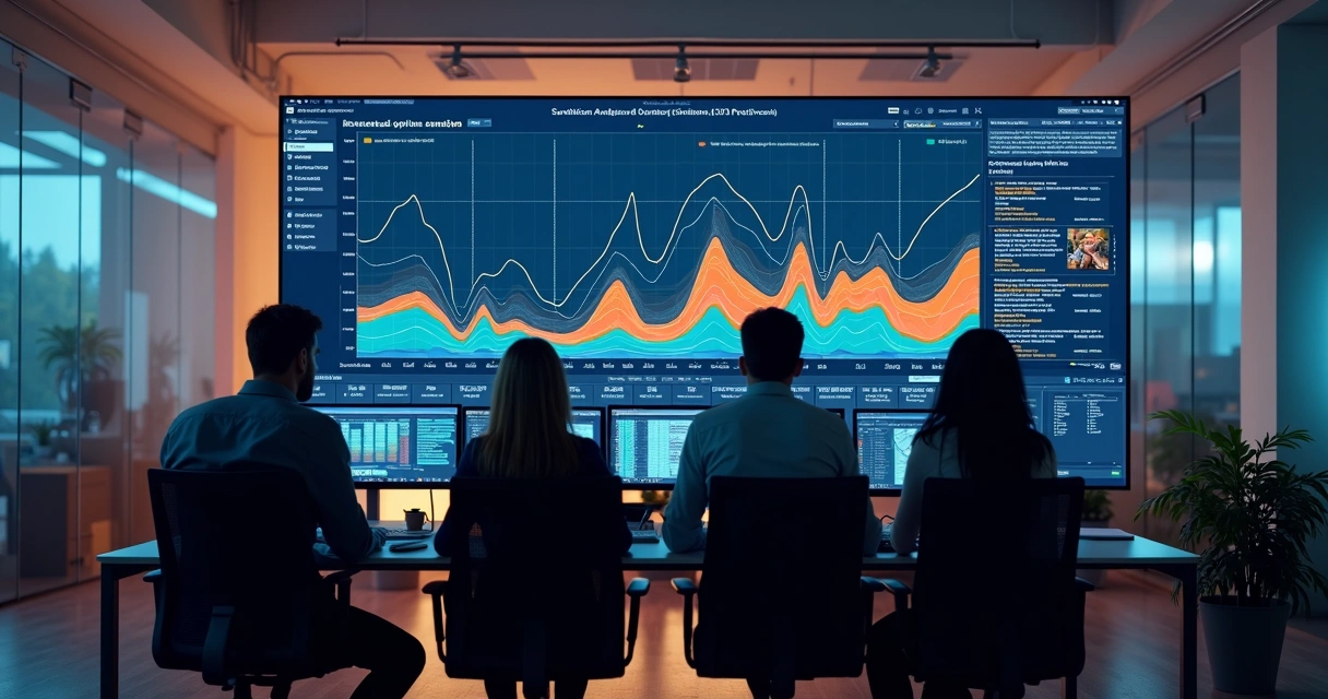 Data visualizations showing AI sentiment trend lines and keywords 