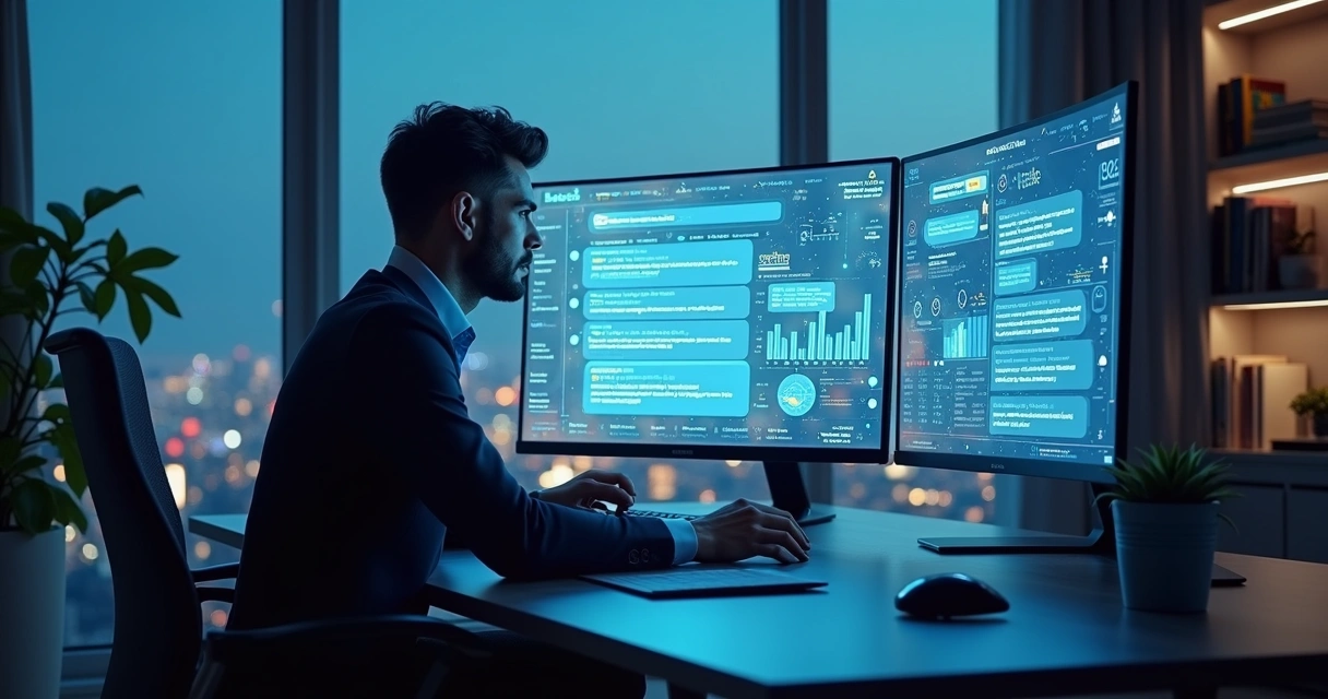 Marketer comparing traditional search rankings with AI chatbot answers on a futuristic dashboard 