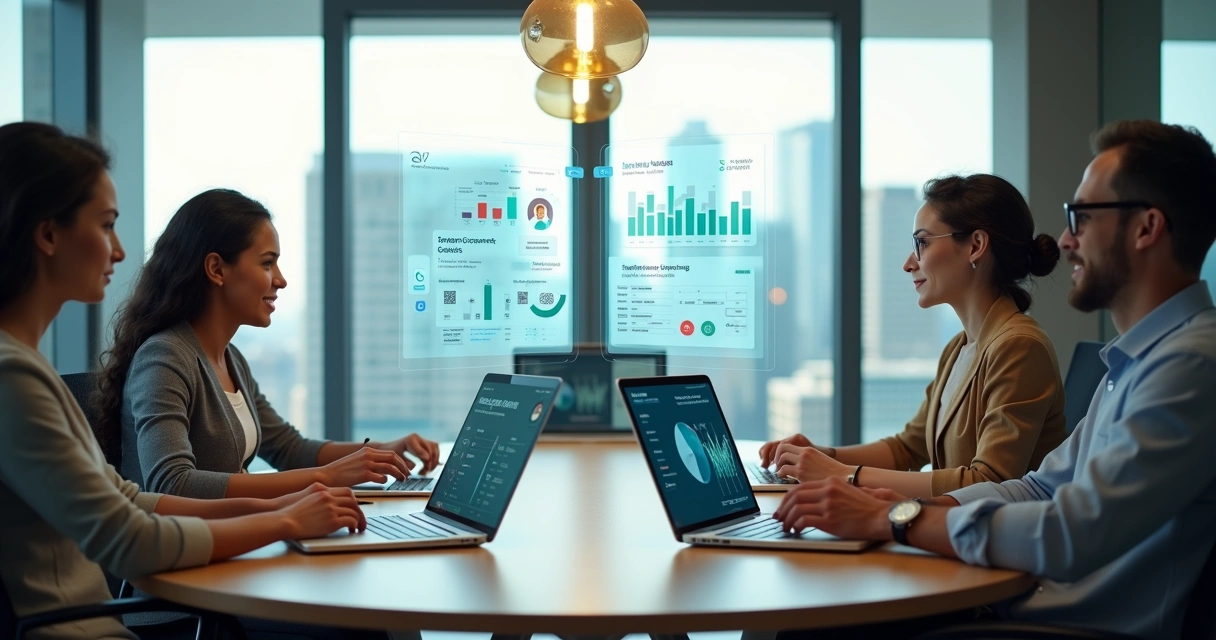Equipe corporativa em espaço moderno cercada por telas digitais de treinamento e relatórios 