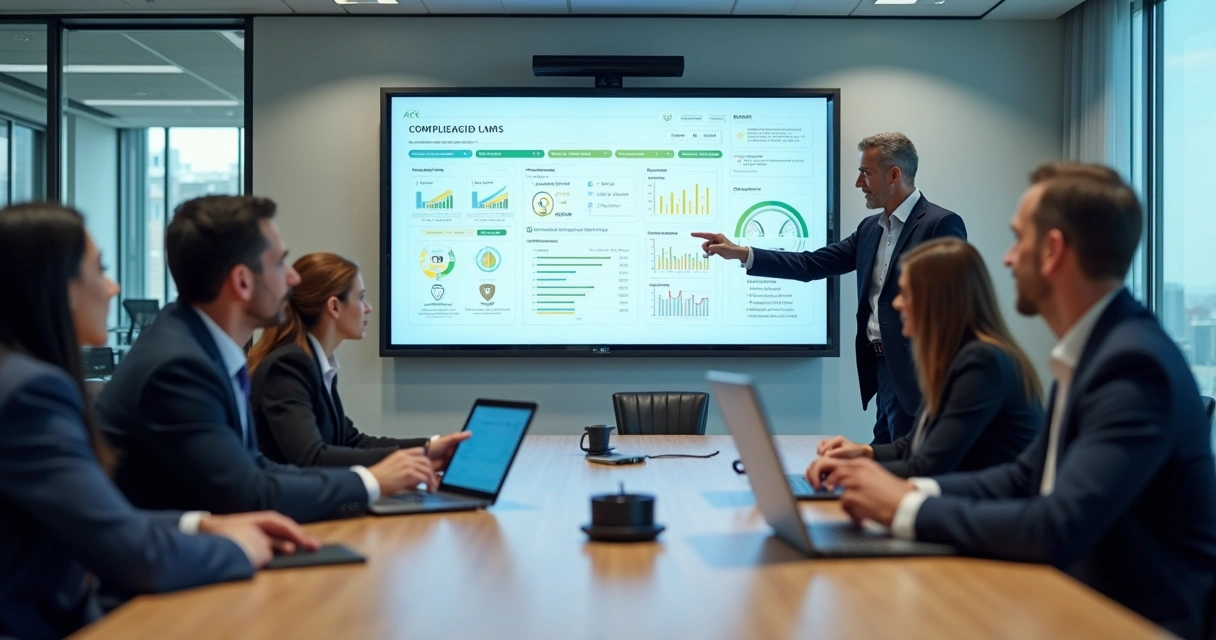 Gestores analisando painel de plataforma LMS com foco em conformidade e segurança 