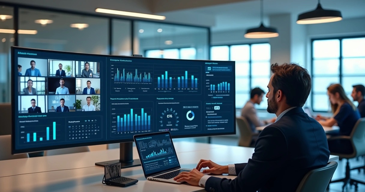 Gestor acompanhando painel de LMS com lives e métricas de participação em tempo real 