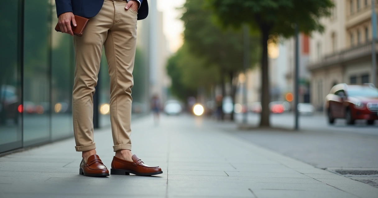 Homem usando loafer masculino de couro marrom em look casual elegante na rua 
