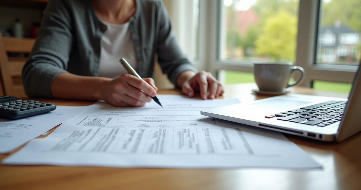 Homeowner reviewing loan application documents at kitchen table 
