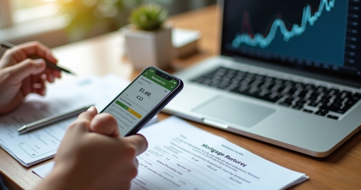 Person organizing mortgage documents and checking credit score 