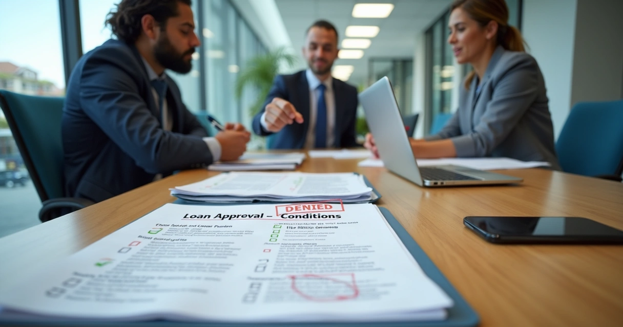 Couple reviewing denied loan checklist with advisor in closing room 