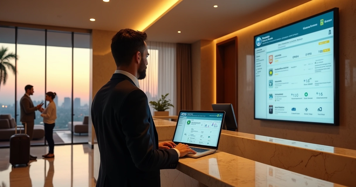 Gerente de hotel conferindo painel digital de FNRH na recepção 
