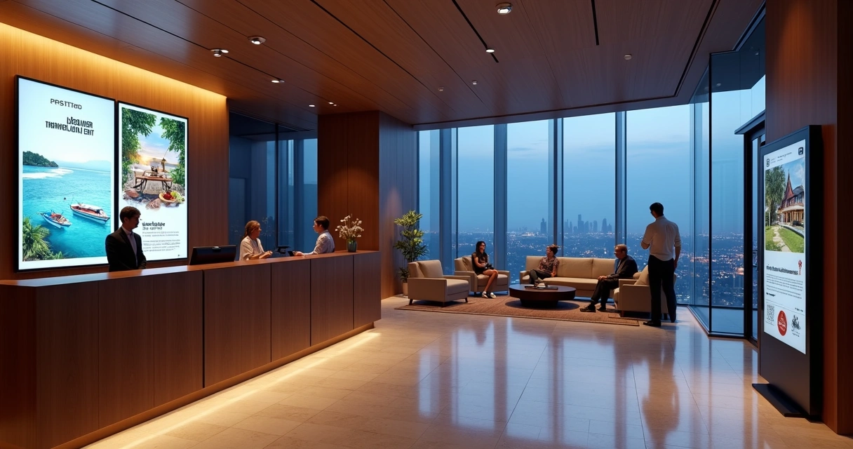 Lobby de hotel moderno com telas exibindo mídia indoor para hóspedes 