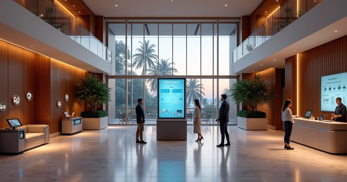 Lobby de hotel moderno com autoatendimento e tecnologia integrada 