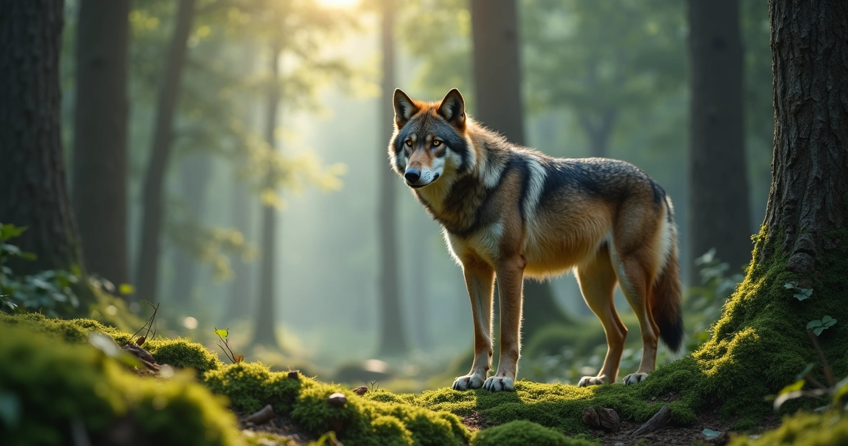 Lobo na floresta iluminada por luz suave, atmosfera mística