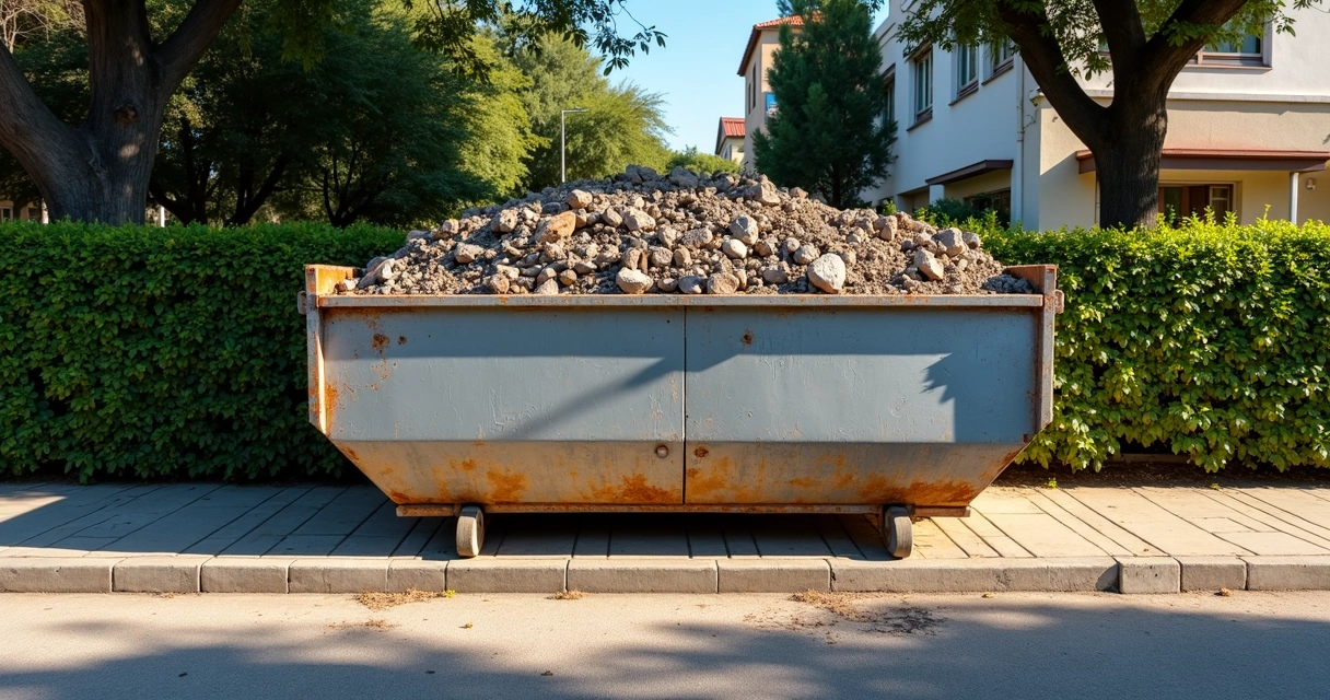 Caçamba de entulho instalada em frente a uma obra residencial em Brasília 