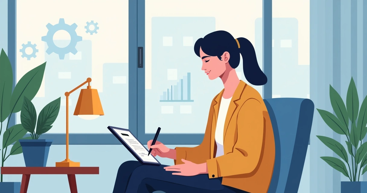 Pessoa assinando contrato digital em tablet ao lado de pequeno imóvel 