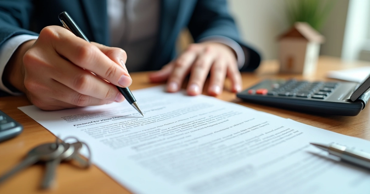 Pessoa assinando contrato de locação de imóvel sobre uma mesa com calculadora e chave ao lado 