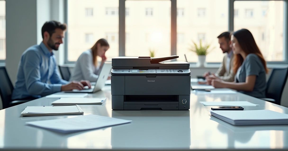 Sala de escritório moderna com impressora multifuncional em destaque sobre a mesa, funcionários trabalhando ao fundo e equipamentos tecnológicos ao redor