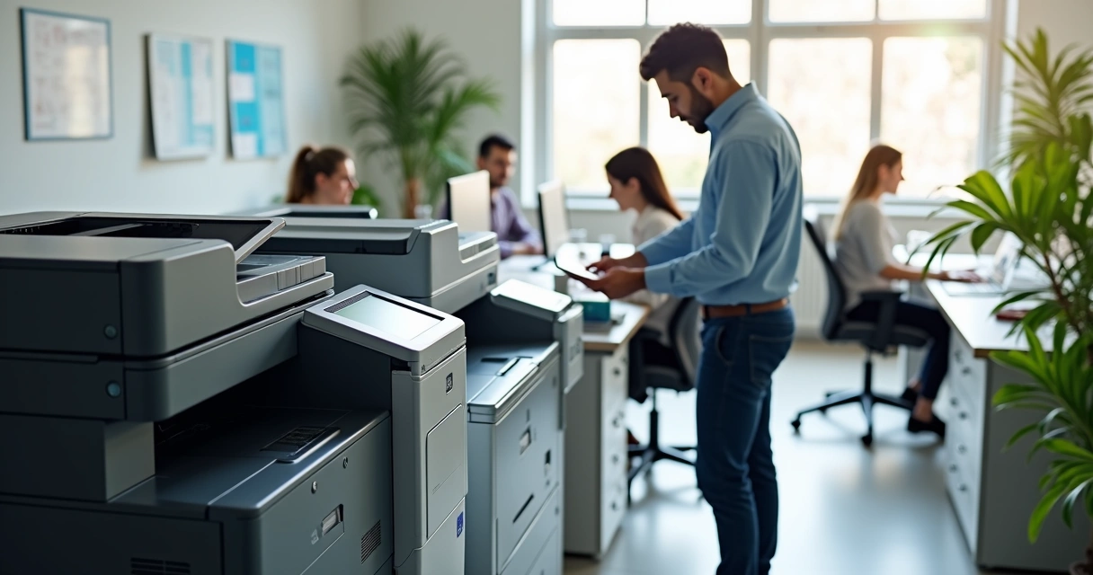 Escritório moderno com impressoras multifuncionais em uso e funcionário fazendo manutenção preventiva 