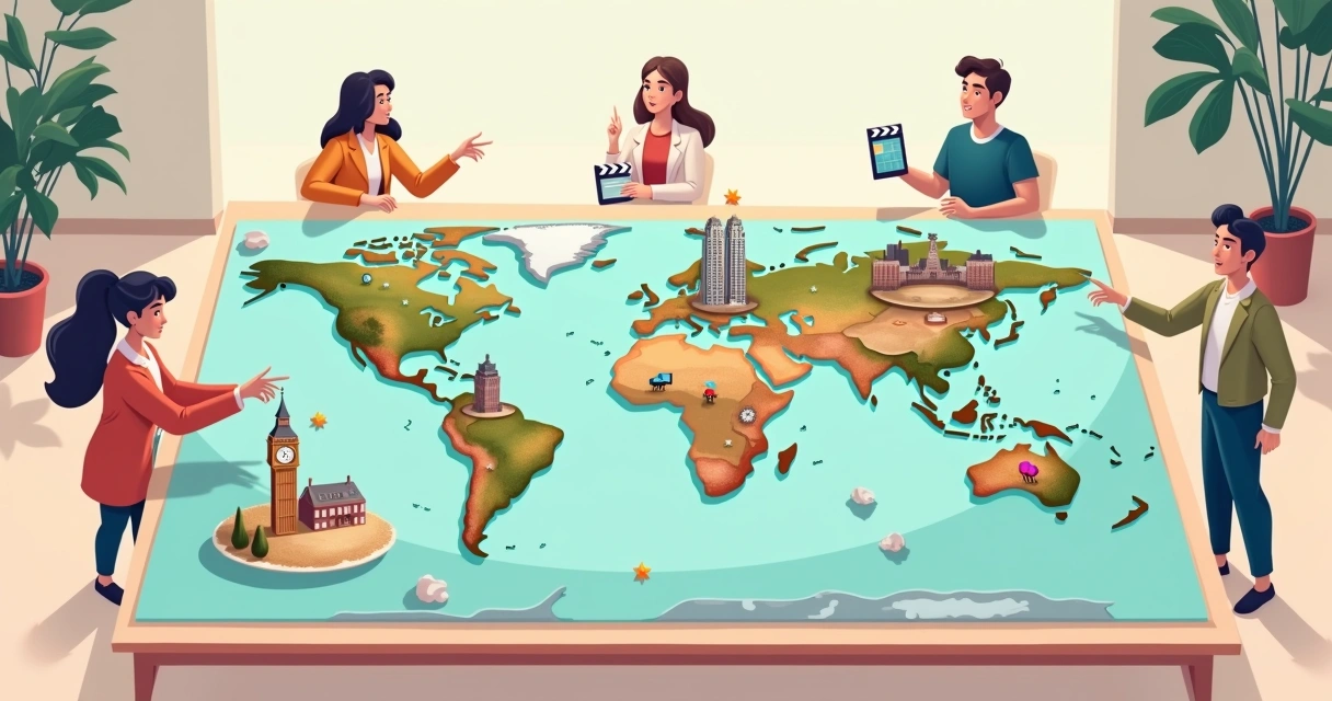 Mapa ilustrado com locações clássicas de cinema ao redor do mundo 