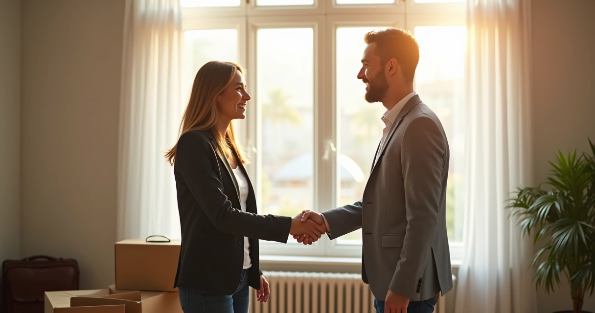 Locador e inquilino apertando as mãos na sala do imóvel alugado 