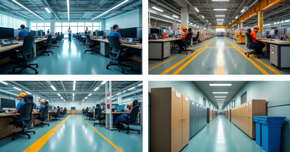 Vários ambientes de trabalho mostrando práticas seguras e sinais de prevenção visíveis. 