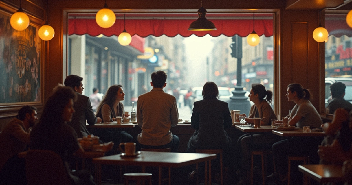 Group of people gathered in a city cafe