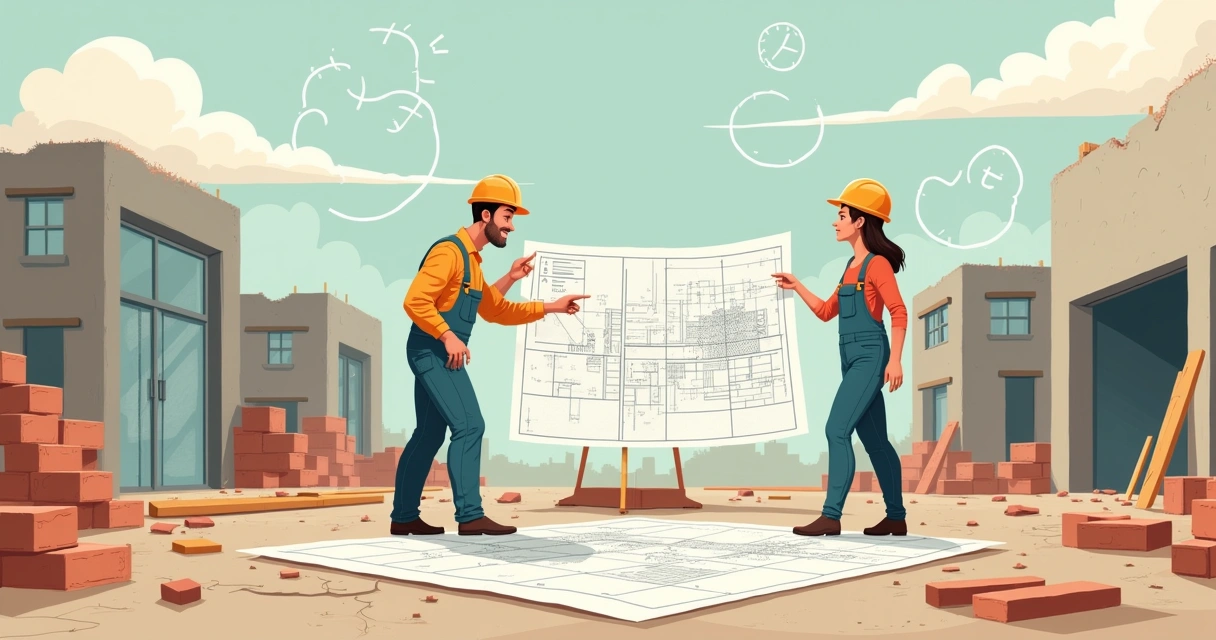 Local de construção caótico com trabalhadores confusos e plantas de obras desordenadas no chão.