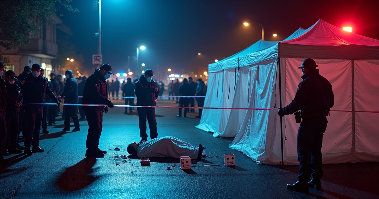 Corpo coberto em local de crime cercado pela polícia 