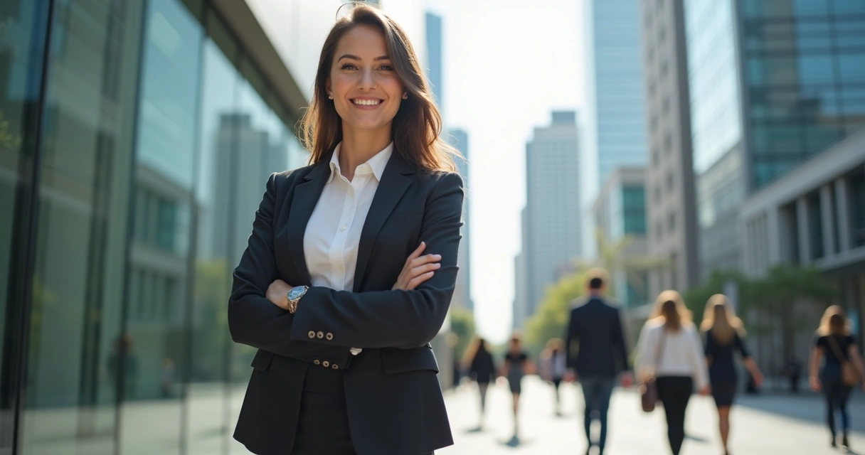 Profissional posando para foto em ambiente corporativo com edifícios ao fundo 