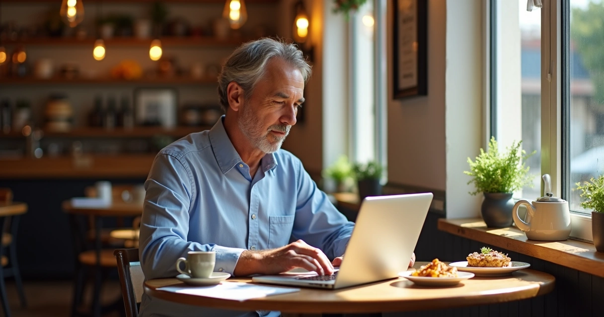 Restaurant owner schedules social media campaign on a laptop at the restaurant