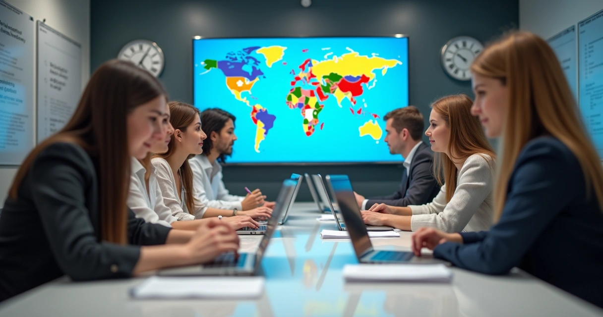 Equipe revisando conteúdo digital com gráficos, mapas e textos em diferentes idiomas 