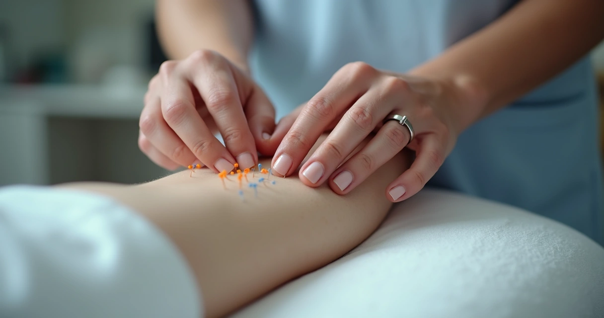 Mão de profissional palpando referências anatômicas em paciente para localizar pontos de acupuntura. 