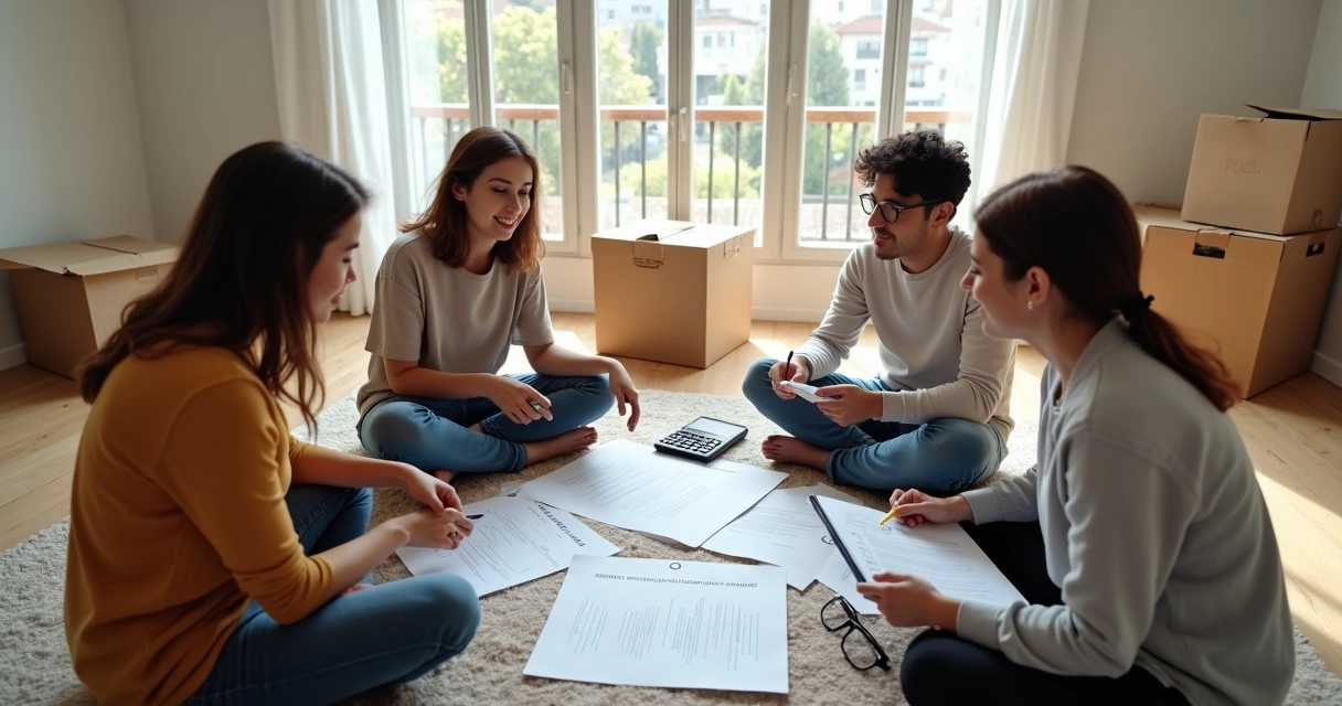 Jovens locatários analisando custos de aluguel em sala vazia 