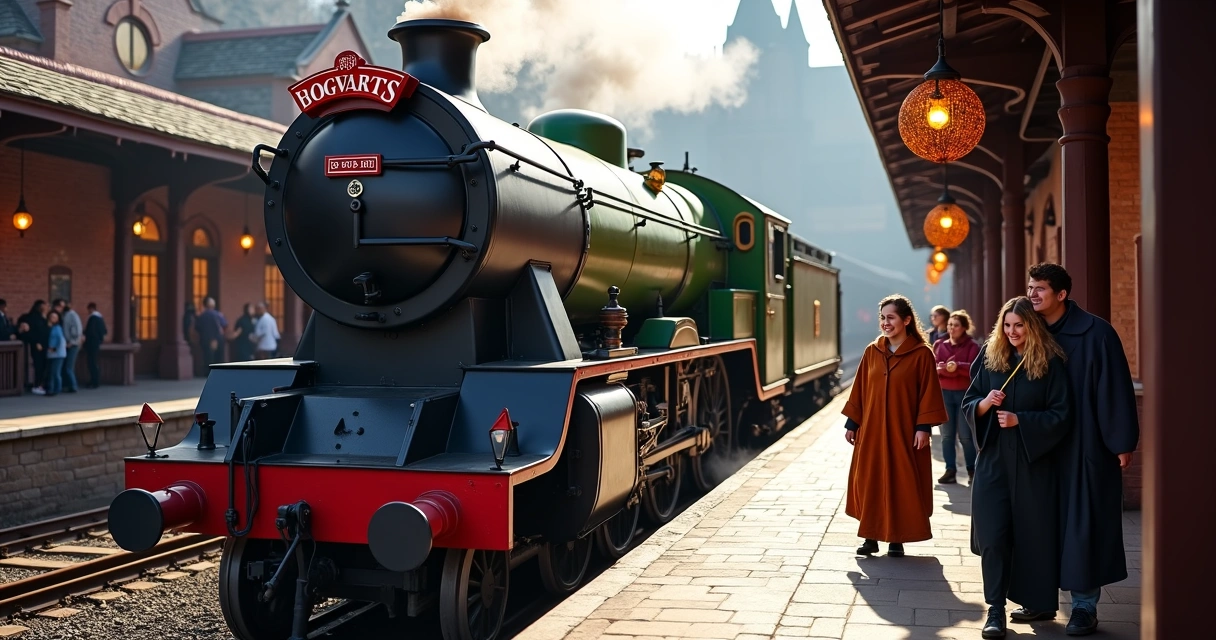 Locomotiva Hogwarts Express parada na estação com grupo de turistas 