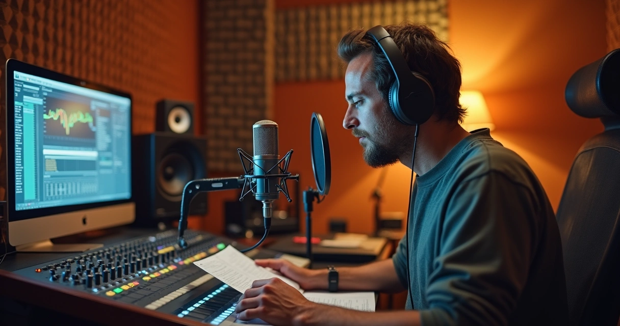 Locutor gravando áudio em estúdio com microfone profissional 