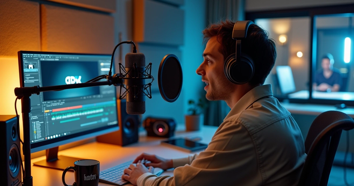 Locutor em estúdio profissional gravando voz para vídeo de marca 