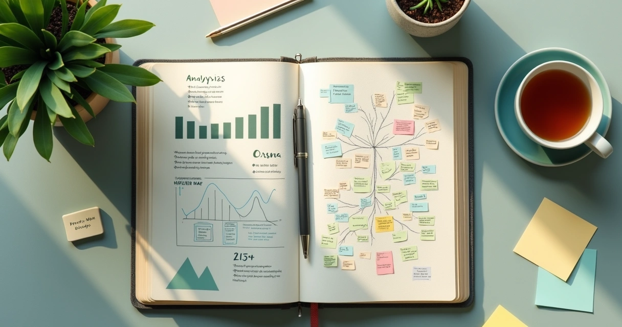 Notebook with data charts beside a thoughtful planning setup