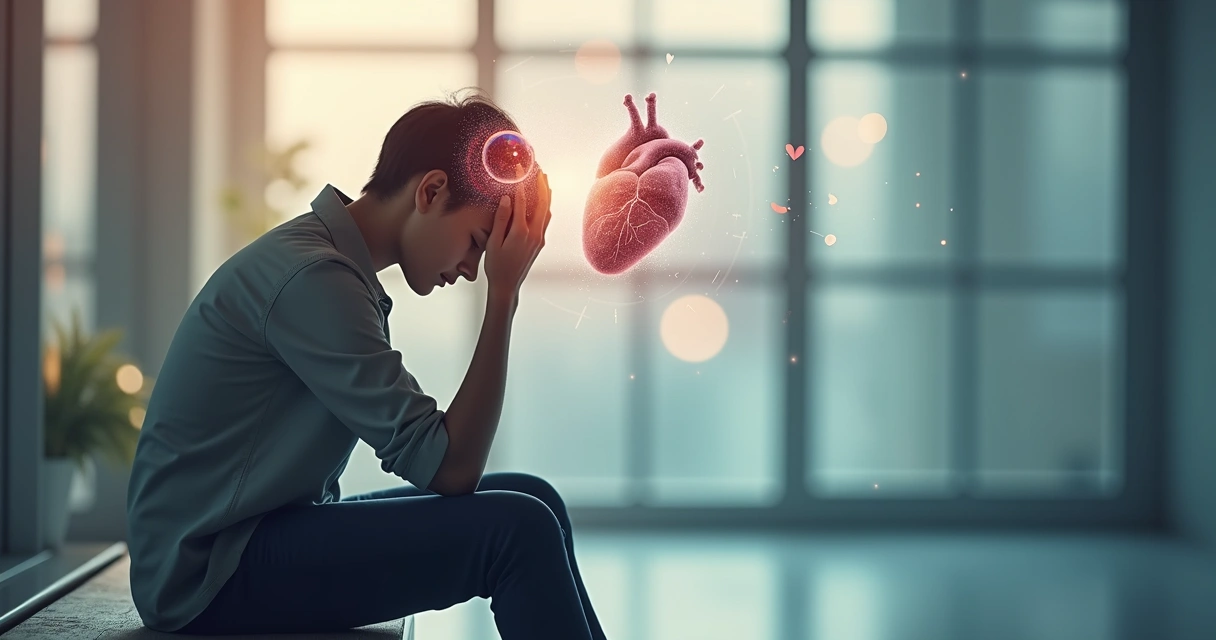 Person with hand on head, surrounded by floating icons of brains and hearts, showing inner conflict. 