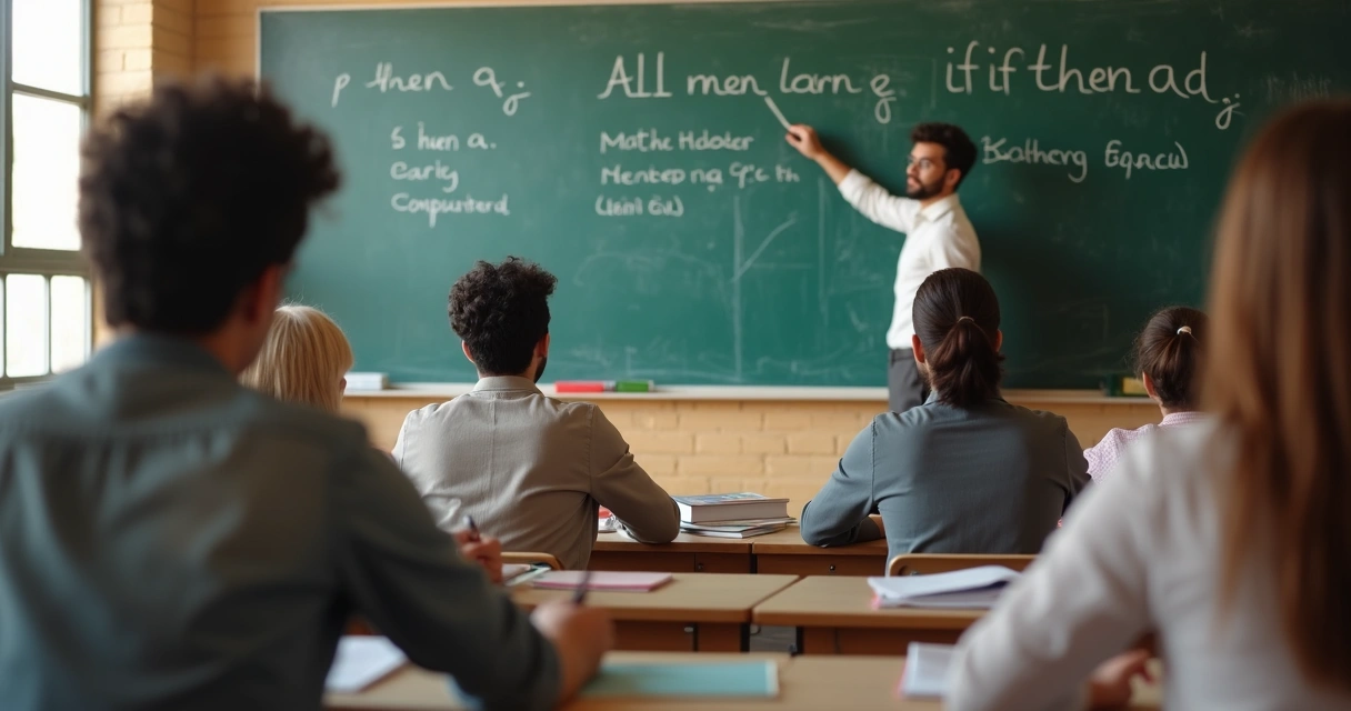 Professor usando quadro para explicar lógica formal com exemplos e alunos atentos. 