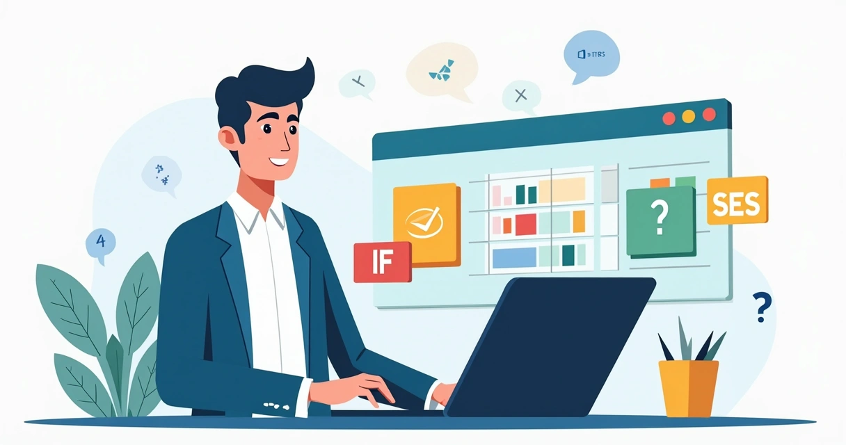 Ilustração de profissional escolhendo entre funções condicionais em planilha digital 
