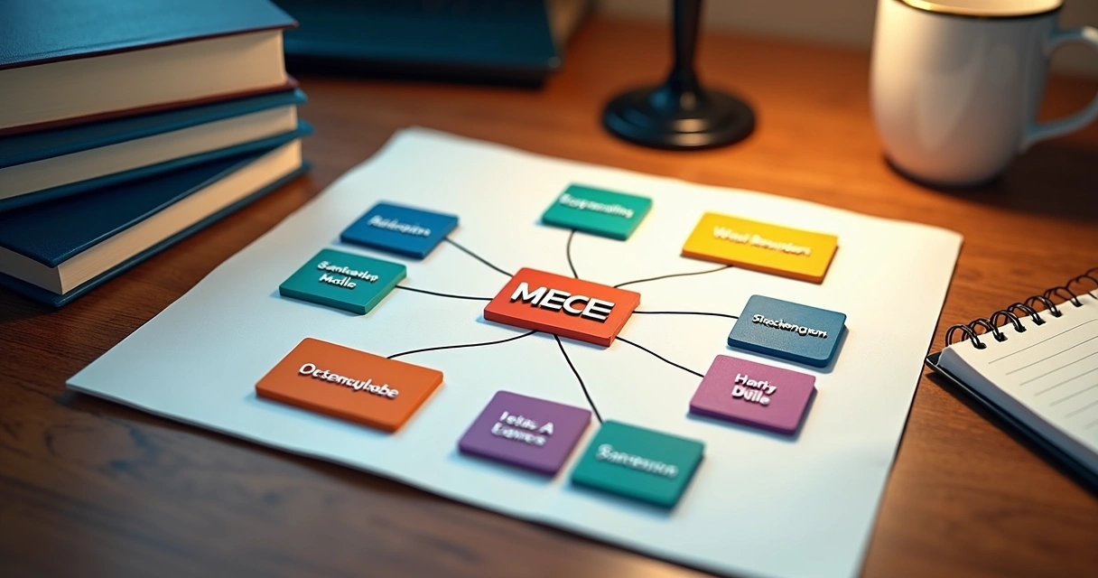 Ilustração colorida mostrando lógica MECE com blocos conectados 