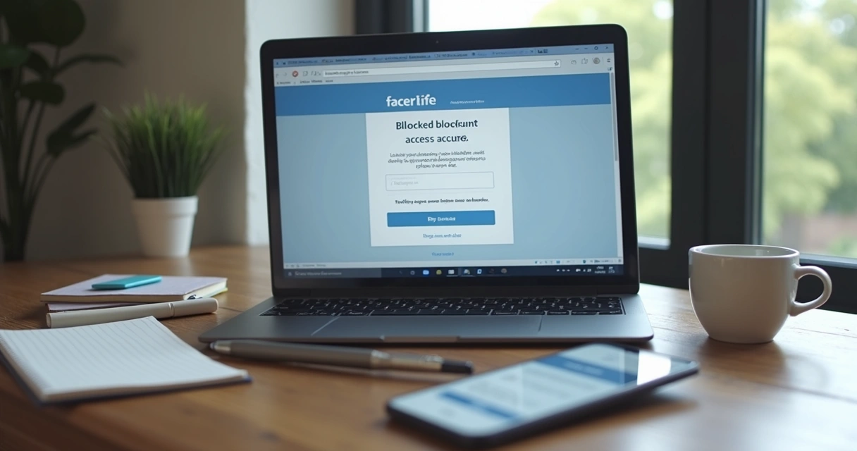 Tela de login em notebook com alerta de conta bloqueada e celular ao lado 