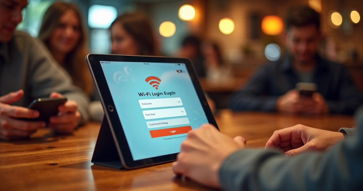 Tela de login interativa do Wi-Fi em um tablet em cima de uma mesa de restaurante 