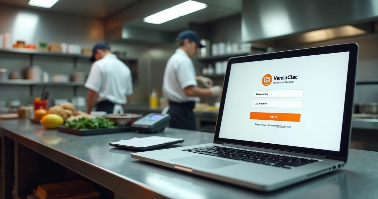 Tela de login em notebook sobre balcão de cozinha profissional