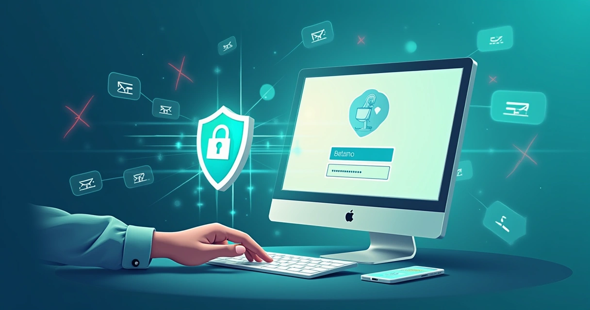 Interface do login da Betano em um computador, com simbolismo de segurança e proteção de dados.