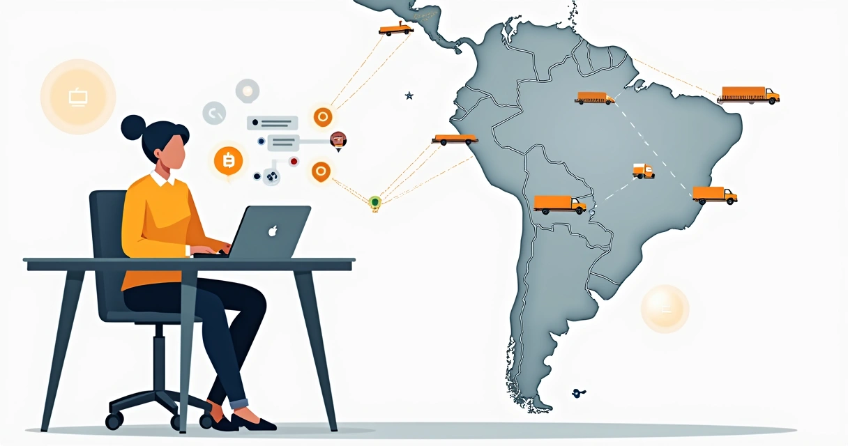 Ilustração de vendedor usando computador para vendas à distância enquanto mapa ao fundo indica alcance nacional